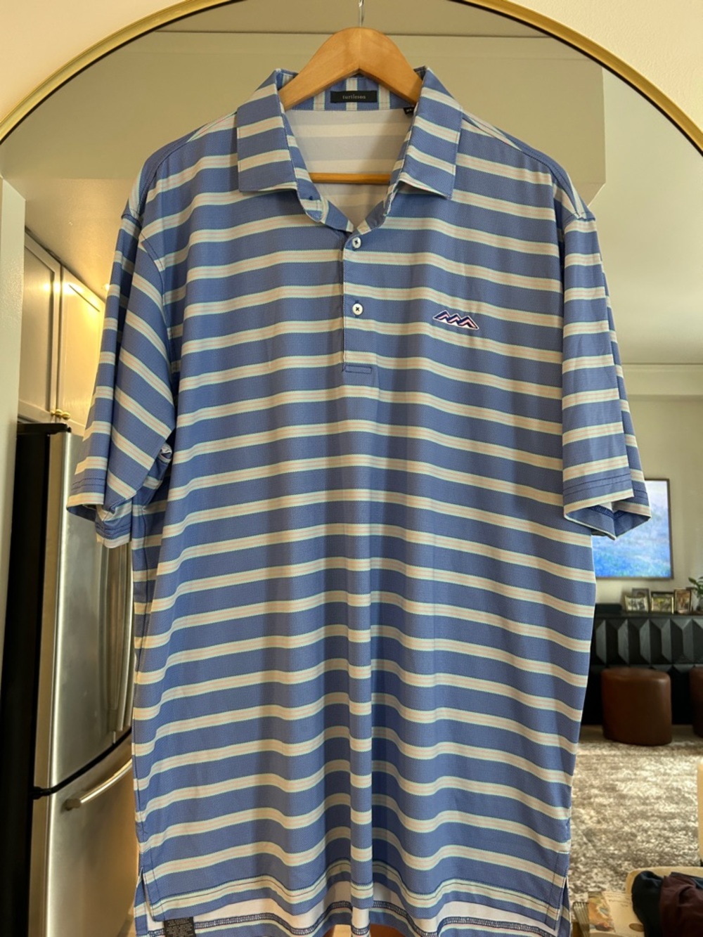 Men's Blue and Cream Stripe Golf Polo with Embroidered Logo
